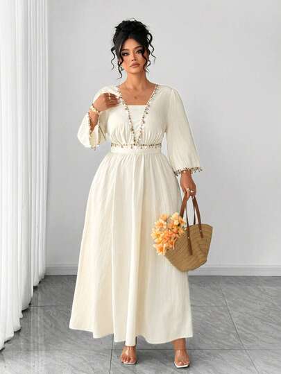 Elenzga 大码女式V领收腰飘逸连衣裙，饰有贝壳编织腰带，七分袖，纹理编织面料，波西米亚海滩度假风，适合音乐节、度假村、海岛、海滩、休闲外出、野餐等场合。