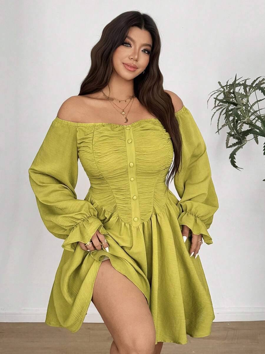 Vionelle Plus Size Sexy Minimalist Off-Shoulder Long Sleeve Dress - Green - View 1