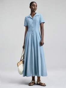 Ontre 2026春夏新款石板蓝长袖收腰喇叭下摆娃娃领连衣裙，适合现代都市派对、返校季、都市简约休闲日常穿着、波西米亚风、度假、节日、情人节狂欢、女士沙滩装、优雅派对、女士正式场合礼服 - 淺藍色 - 查看 4