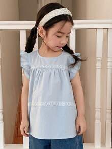 Dazy Kids 少女圆领荷叶边休闲百搭衬衫 - 藍色 - 查看 7