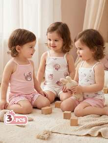 Vintaside Kids 3件套女婴提花吊带背心。无袖设计，清爽透气，可爱时尚，马卡龙粉彩色系，甜美又显身材。面料柔软舒适，休闲可爱风格，适合春夏外出、户外玩耍、度假、日常穿着和旅行。 - 彩色 - 查看 6
