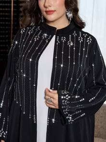 Al Najma Áo Abaya dài tay, dáng suông, đính đá lấp lánh, cỡ lớn dành cho nữ, thích hợp cho các dịp trang trọng. - màu đen - Xem 5