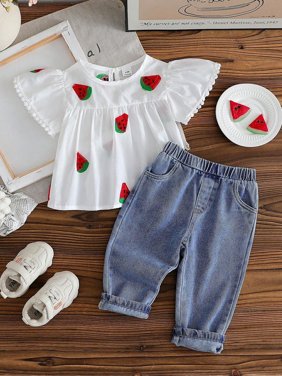 SHEIN Vintaside Kids Baby Mädchen Wassermelonen Stickerei Rundhals Rüschen Kurzarm Top und Jeans Hose Lässig Outfit - Weiss - Übersicht 1