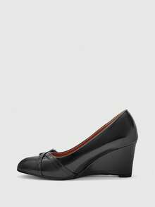 CUCCOO BIZCHIC Black Wedge Heel Slip-On Pumps With Metal Buckle Decor, Elegant And Versatile For Commuting - Black - View 10