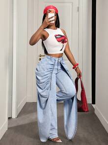 BamGleam 女士休闲褶皱宽松牛仔裤 - 藍色 - 查看 6