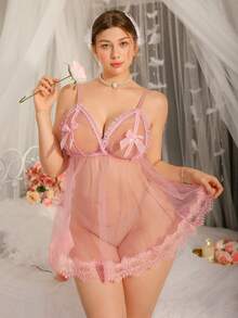 DelicateAllure Áo ngủ không tay cỡ lớn với viền xếp ly, nơ và thiết kế khoét hở, lãng mạn và quyến rũ. - Hồng - Xem 4