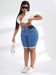 SHEIN SXY Quần short denim dáng ôm, cạp chun tương phản, cỡ lớn, phong cách thường ngày, mùa hè. - Rửa trung bình - Xem 3