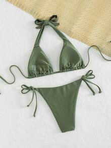 Swim Chiccia Bộ bikini nữ mùa xuân/hè kiểu dáng thanh lịch, hở lưng, thắt nút, buộc cổ, thích hợp cho lễ hội âm nhạc bãi biển. - xanh quân đội - Xem 3