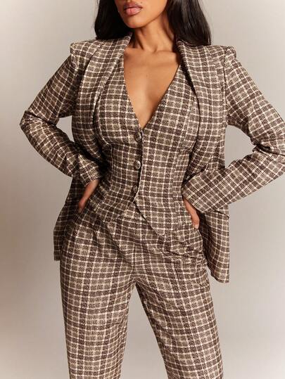 Radiana 女士性感简约复古棕色格子三件套西装，包括格子长袖修身西装外套、格子修身马甲和格子长裤，棕色西装套装，休闲商务女装，职业装，通勤装，办公室着装