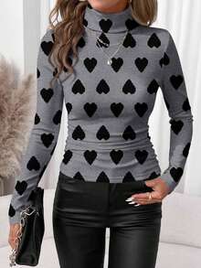 SHEIN Clasi 休闲简约女式情人节新年氛围心形印花高领打底T恤，适合搭配、户外、居家、通勤，时尚别致，情人节图案T恤 - 彩色 - 查看 3