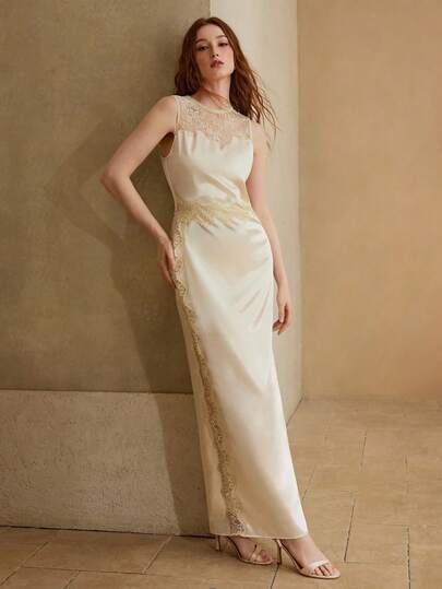 MOTF PREMIUM WOMEN'S LONG SATIN LACE EMBROIDERED PATCHWORK DRESS, SPRING/SUMMER