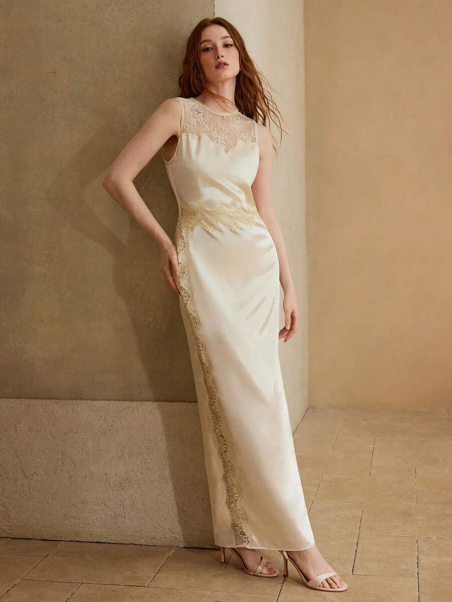 MOTF PREMIUM 女士长款缎面蕾丝刺绣拼接连衣裙，春夏款 - 杏色 - 查看 1