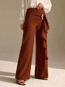 CLARA VERO Damen Asymmetrische Hose mit goldenem Knopf und Rüschensaum, weites Bein - Braun - Übersicht 2