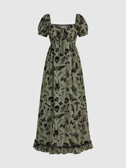 ROMWE Goth Fairy Petal Sleeve Skeleton, Butterfly, Moth, Mushroom & Plant Full Print Waist Cinched Dress For Women