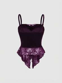 ROMWE Goth Áo hai dây phối ren tương phản bằng nhung màu tối chủ đề Halloween, kết hợp với chân váy đuôi cá. - Màu tím - Xem 8