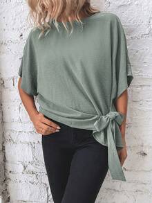 Flexra Solid Color Round Neck Batwing Sleeve Loose Casual Fashion Shirt Brunch Sage Green Summer Office - Green - View 3