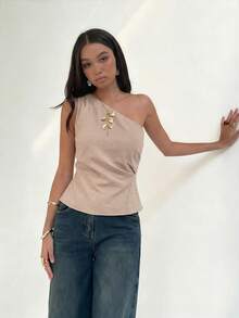 Aloruh Sleeveless Oblique Collar Side Ruched Commuter Chic Blouse For Women - Khaki - View 6