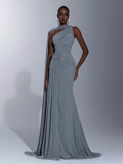 Elitara Elegant Light Gray-Green High-Stretch Mesh Asymmetric Shoulder Maxi Dress With Ruched Front, Luxurious Crystal Embellished Button Decor, Draped Flounce Mermaid Hem, Suitable For Dates, Singles Parties, Weddings, And All Formal Occasions