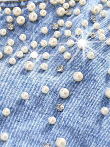 SHEIN MOD 大码夏季休闲牛仔裙，饰有铆钉和水钻，适合夏季、春季、夏季派对、优雅派对、婚礼宾客、毕业典礼等场合，也适合度假穿着。这款浅色水洗牛仔裙饰有珍珠和水钻，尽显奢华质感。 - 藍色 - 查看 3