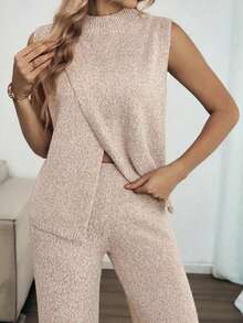 Louniche 2pcs Women Casual Crossover Mock Neck Sweater Top And Straight Leg Pants Set, Fashion Versatile For Spring, Summer, Autumn - Khaki - View 4