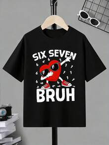 春夏男童休闲创意个性清新高端简约爱心卡通手势太阳镜标语印花宽松基础款短袖T恤，舒适日常穿着，适合春、夏、秋季、情人节氛围，上衣 - 黑色 - 查看 3