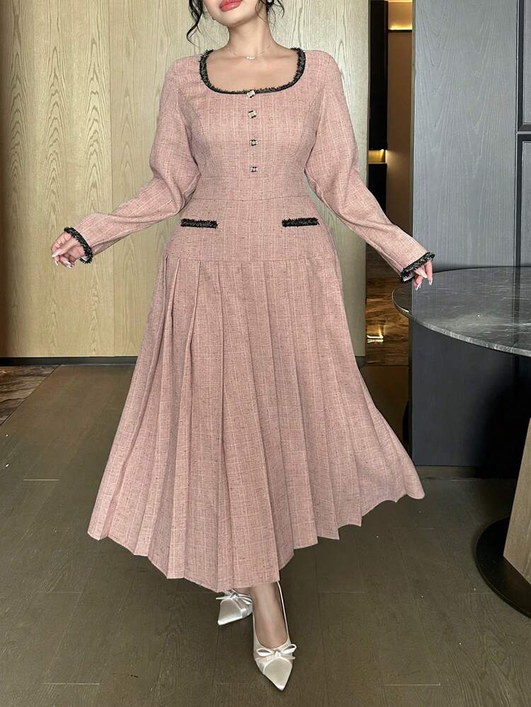 Dazy Plus Plus Size Color Block U-Neck Raglan Sleeve Pleated Elegant Dress Sundress