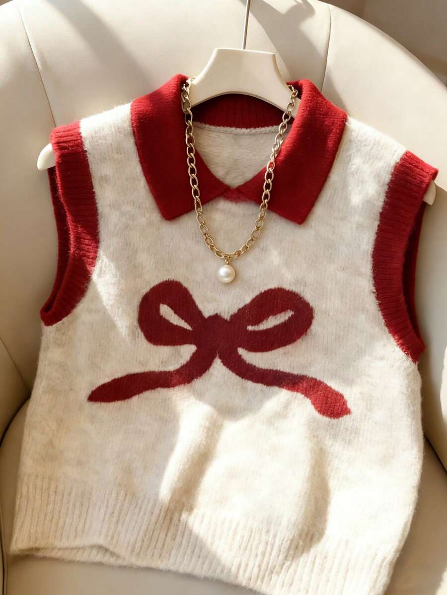 Franclia 2024 Autumn/Winter New Loose Fit Bowknot Colorblock Sleeveless Polo Neck Sweater Vest, Soft & Cozy Knitted Top - Multicolor - View 1