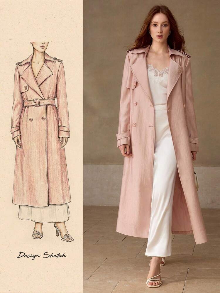 WOMEN'S FASHIONABLE COMMUTER SOLID COLOR DOUBLE-BREASTED BELTED LONG TRENCH COAT