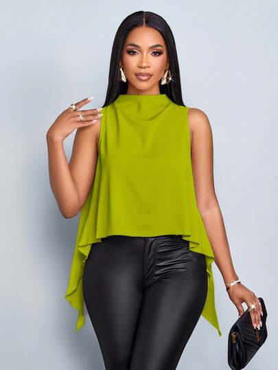 SOLERSUN Women's Spring Summer Vacation Holiday Solid Color Elegant Asymmetric Hem Sleeveless Blouse