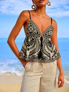 Travachic Women's Casual Vacation Bohemian Floral Print Tie Waist Camisole,Summer Outfits,Beach Outfits,Going Out Tops,Vacation Outfits Women - Multicolor - View 4