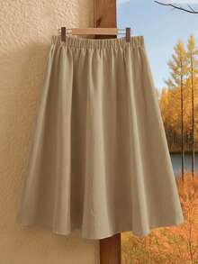 Rusticease Plus Size Women Solid Color Elastic Waist Casual Commuter Skirt - Khaki - View 2