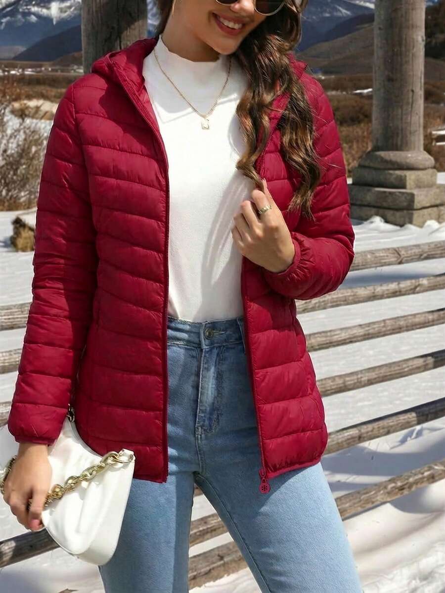 Mujer chaqueta casual acolchada ligera con capucha, diseño térmico, corte holgado, cuello alto, manga larga, ideal para otoño e invierno, uso diario, abrigo,Abrigos de invierno para mujer - Rojo - Ver 1