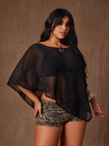 Rustia Áo khoác ngoài bằng vải chiffon màu đen trơn dành cho nữ cỡ lớn, kiểu dáng rộng rãi, thoải mái, xẻ tà, xuyên thấu, đa năng, áo sơ mi mùa hè thời trang. - màu đen - Xem 4