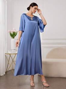 Al Najma Women's New Elegant Satin Fabric Shiny Luxurious Rhinestone Keyhole Neck Dress, Minimalist & Fashionable - Purple - View 6