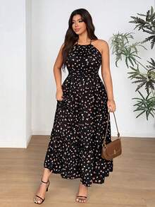 Vionelle Đầm cổ yếm họa tiết hoa nhí dáng rộng dành cho nữ cỡ lớn - Nhiều màu - Xem 5