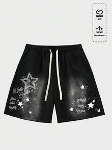 ROMWE MEN Street Life Quần short nam phong cách đường phố, in họa tiết, có dây rút. - màu đen - Xem 1