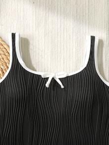 SHEIN Firerie Kids Tween Girls Black & White Contrast Color Swimsuit, Suitable For Beach, Vacation, Hawaii Trip, Family Matching, Sister Photo Shoot, Park, Camping, Party, Casual Daily, Leisure Vacation - Black and White - View 5