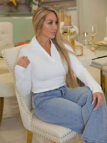Cioccolato Women's Polo Collar Side Ruched Casual Sports Comfortable Thermal T-Shirt, Autumn/Winter - White - View 6