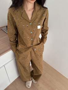 DAZY 蝴蝶结装饰，碎花纯色拼接女士睡衣套装 - 卡其色 - 查看 8