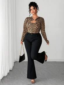 Elenzga Áo thun in họa tiết da báo, kiểu dáng thời trang, giản dị, cổ điển, thanh lịch, thích hợp đi làm, cổ khoét, đính nhẫn vàng. - màu nâu - Xem 6