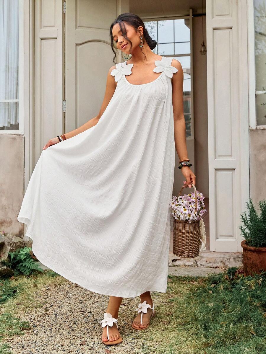 Freevana Plus Size Elegant Floral 3D Print Sleeveless Dress, Summer - White - View 1