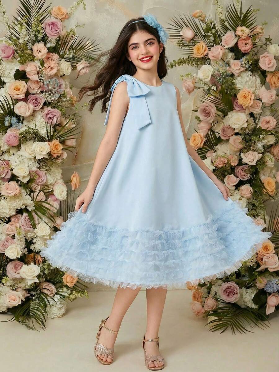 A Girl's Ruffled Sleeveless A-Line Dress With A Tie Bow, Suitable For Parties, Elegant And Casual. A Girl's Bow Collar Ruffled Sleeveless A-Line Chiffon Dress - Baby Blue - View 1