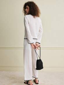 Écloséra Women's Casual Simple Black & White Contrast V-Neck Button Shirt And Wide Leg Pants 2 Piece Set - White - View 6