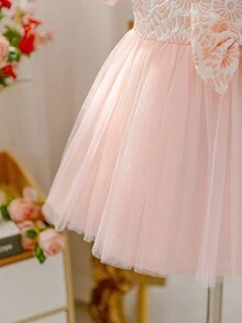 Glamorique Kids Baby Girls' Pink Summer Elegant Birthday Princess Party Dress,Jacquard Hem Mesh Patchwork Bubble Short Sleeve Round Neck,Waist Bow Decor,Flower Girl - Pink - View 7