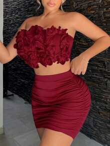 SHEIN SXY 2pcs Set: 3D Floral Trim Bandeau Top And Ruched Bodycon Mini Skirt Ruffle Top Set Skirt Two Piece Set - Red - View 6