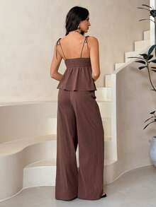 SHEIN Tall 100%纯棉棕色亚麻吊带背心和裤子套装 - 棕色 - 查看 2