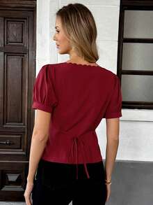 Franclia Women's Elegant Burgundy Summer Dining Shirt,Waist Cinching Backless Tie Asymmetrical Collar Square Neck Red Blouse,Holiday Wine Dark Red Blouse Tops ,Petite Women - Burgundy - View 2