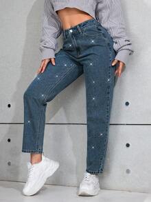 SHEIN PETITE Women's Rhinestone Embellished Pockets Straight Leg Loose Casual Versatile Jeans - Royal Blue - View 5