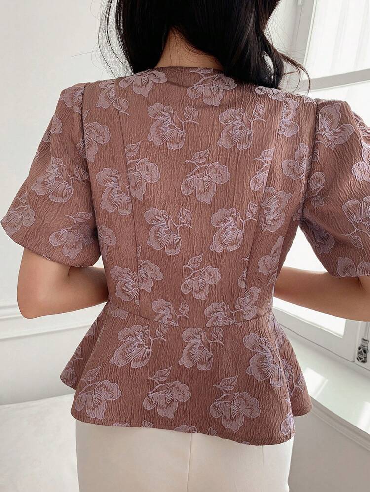 Floral Textured Fabric Fitted Waist Princess Sleeve Round Neck Elegant Formal Blouse For Women, Spring/Autumn
