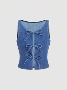 SHEIN MOD 女士蓝色打结圆领休闲百搭牛仔无袖上衣 - 中等水洗藍 - 查看 1